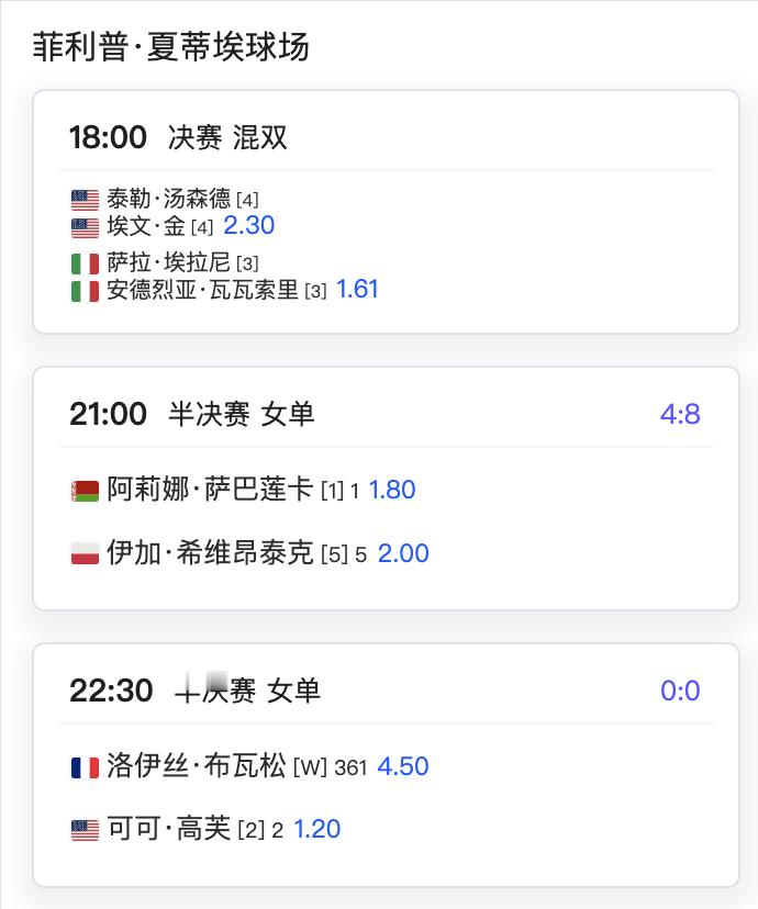 今天两场法网女单半决赛的北京时间⏰萨巴伦卡vs斯瓦泰克 中心球场第二场，21点高