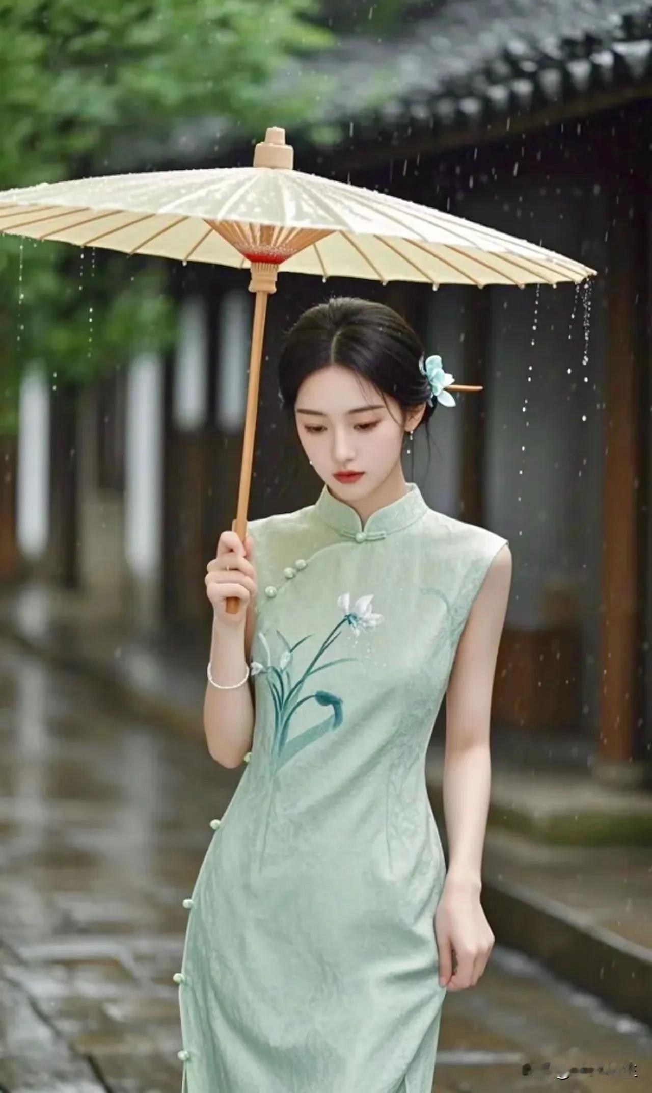 雨中漫步，撑伞少女，古典韵味，唯美如画。