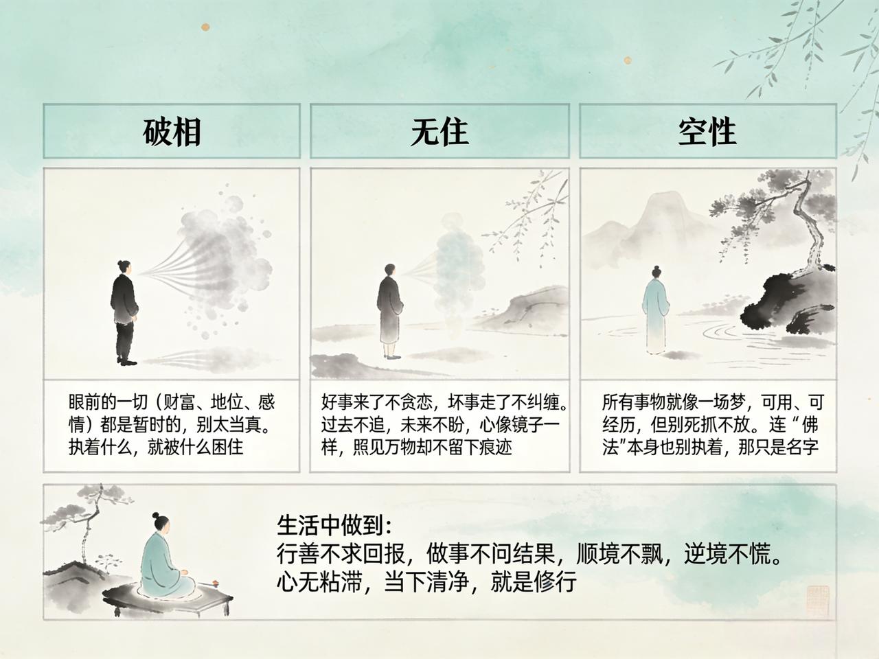 《金刚经》的核心，可以归结为三句话：
一、破相——眼前的一切（财富、地位、感情）