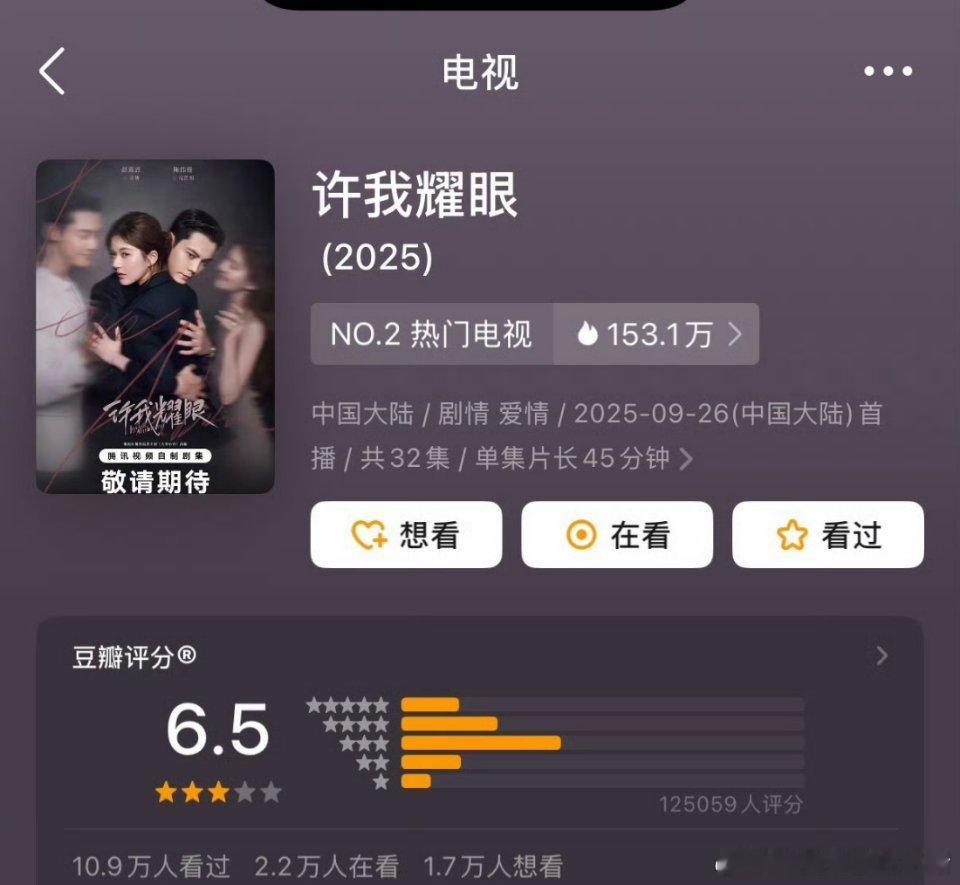 赵露思许我耀眼豆瓣开分 6.5 分，12 万人打分，高了还是低了？🤔 ​​​