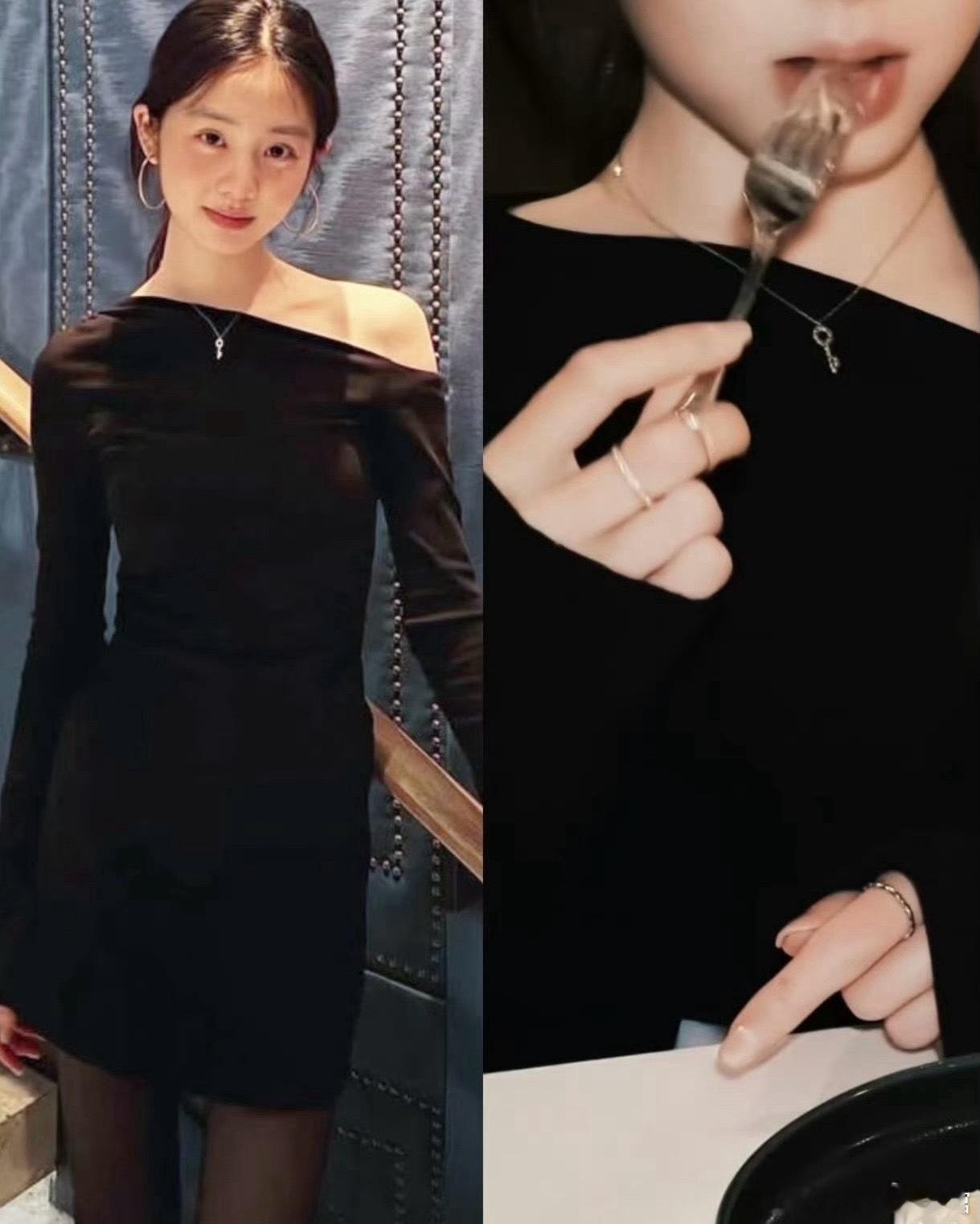 黄多多戴大耳环穿黑色斜肩裙，活脱脱的小孙莉既视感。她真的好瘦啊，骨架子窄窄的，很