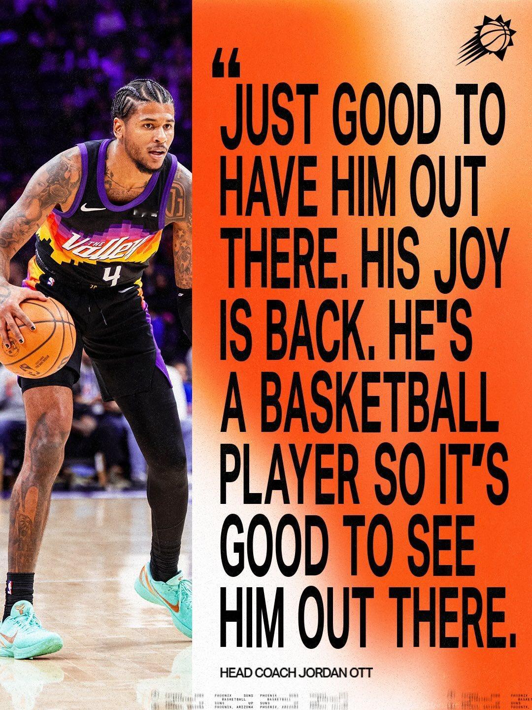 “看到他再次出现在场上真的很棒。他的快乐回来了。毕竟，他就是为篮球而生的。”——