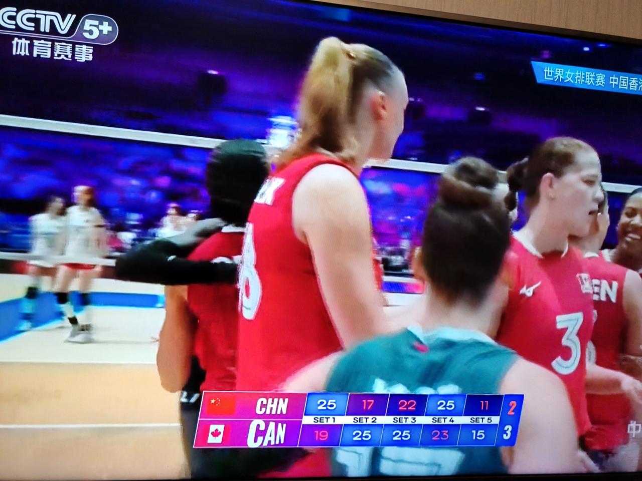 3：2，加拿大女排战胜中国女排，世界女排联赛香港站的比赛比较精彩，中国女排五局比
