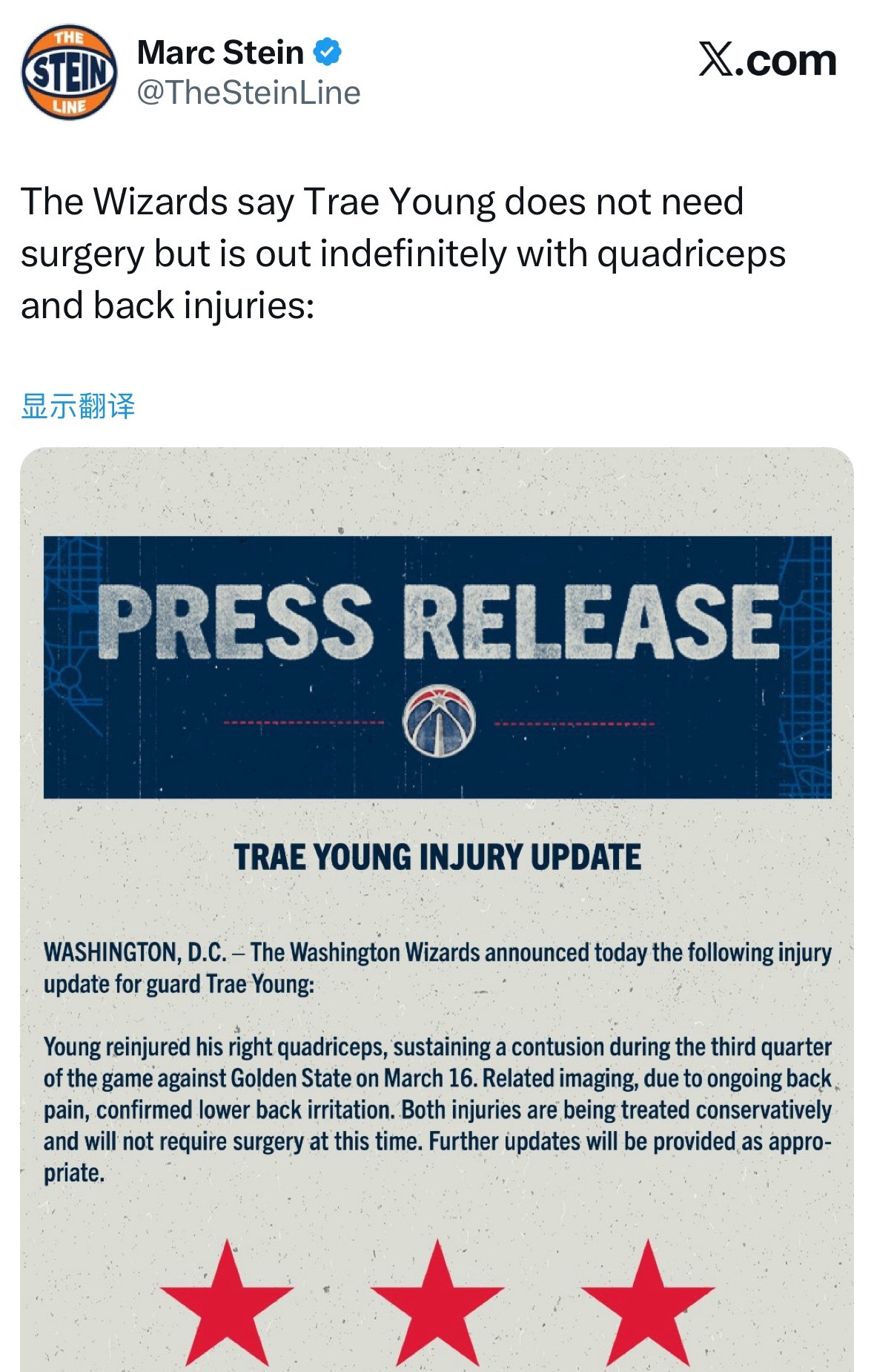 奇才官方：特雷杨在对阵勇士的比赛中，第三节中右股四头肌再次挫伤。不需要手术，但因