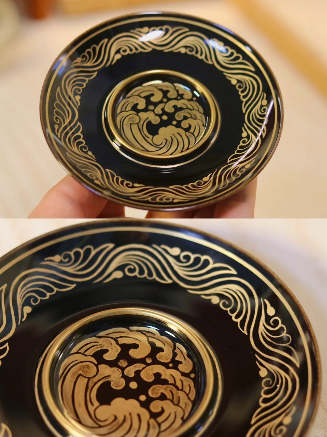 新品预告｜乌金釉描金海浪纹茶托～