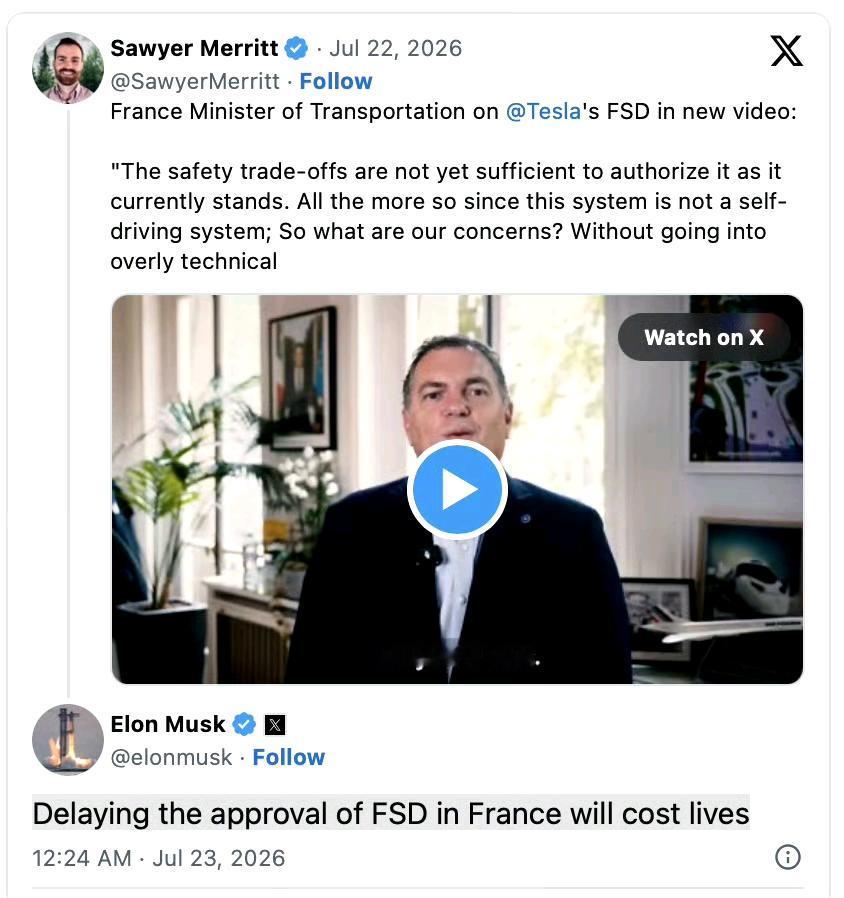 这让特吹们情何以堪啊？
法国拒绝批准特斯拉FSD上路，称它的系统并非真正自动驾驶