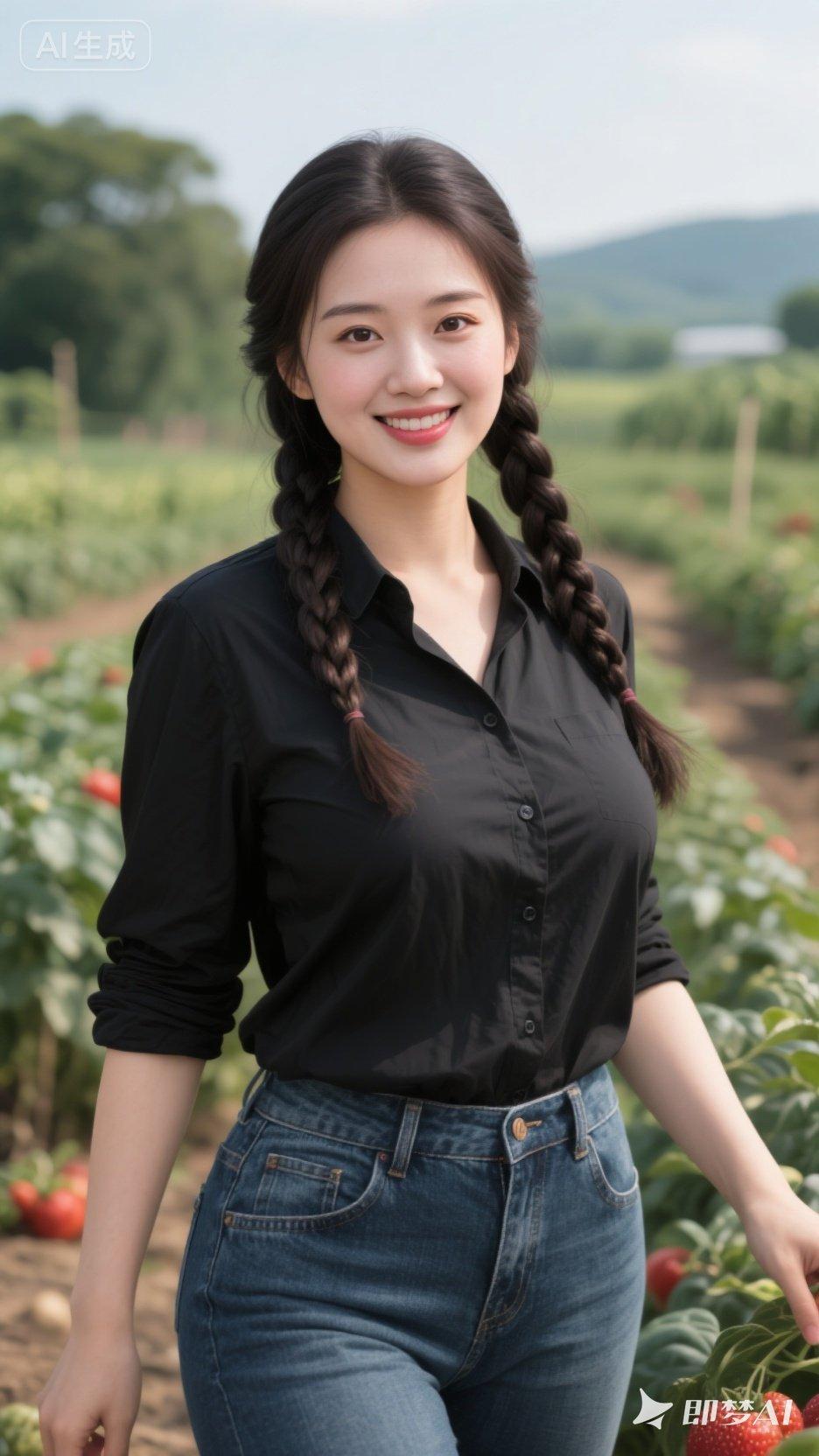 田园少女风，黑衬衫与牛仔裤的完美搭配，微笑面对每一天！🌿💛