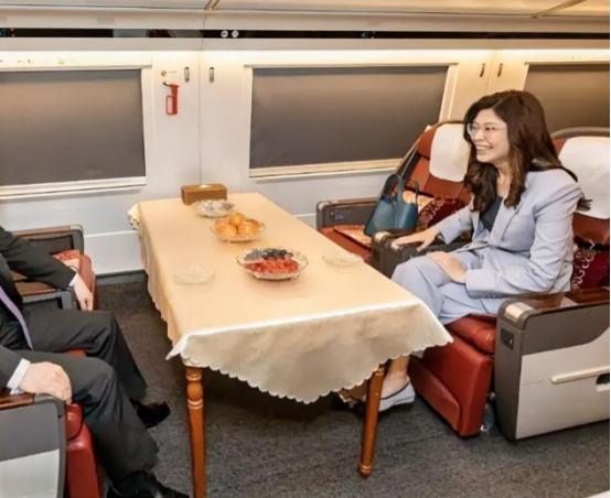 4月7日，郑丽文抵达大陆首日，乘坐城际高铁去南京。
 
车窗外的风景飞速后退，郑