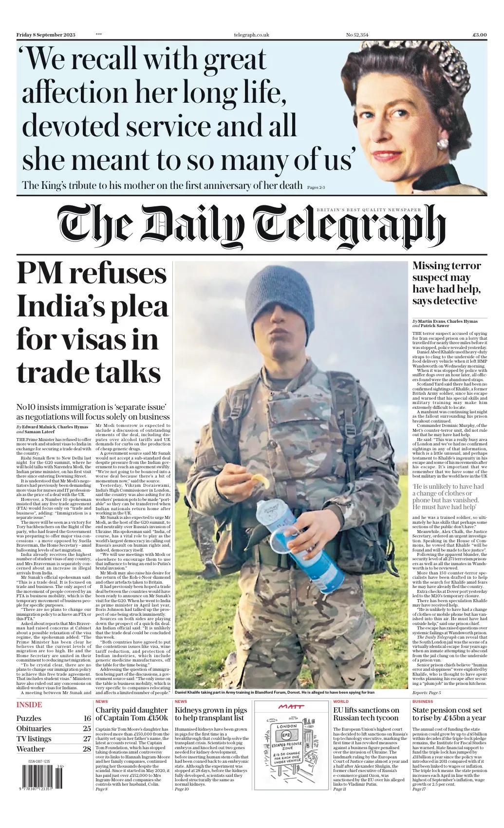 #李文读报# 《每日电讯报》今天的头条新闻是，英国首相苏纳克昨晚启程前往印度，准