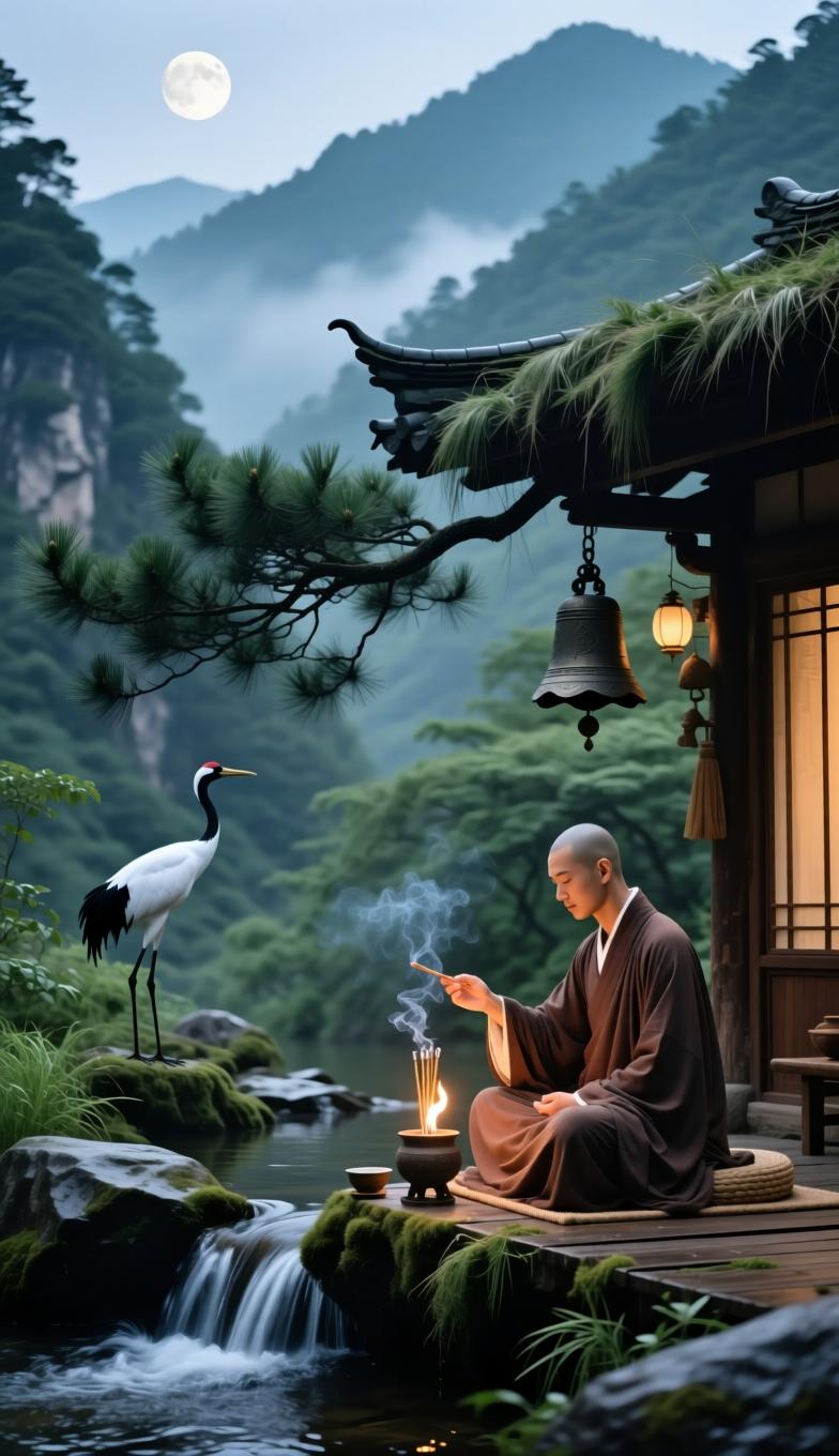 七律·山居悟禅
 
尘途奔走倦浮名，独向云根结草楹。
涧水敲钟消妄念，松风翻卷伴