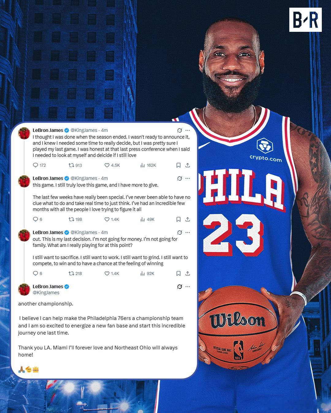 詹姆斯加盟76人 突发消息：里奇·保罗向ESPN确认，勒布朗·詹姆斯正式与费城7