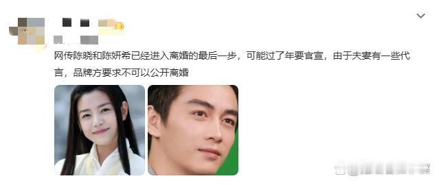 网传曝出陈晓和陈妍希已经进入离婚的最后一步，可能过了年要官宣，由于夫妻有一些代言