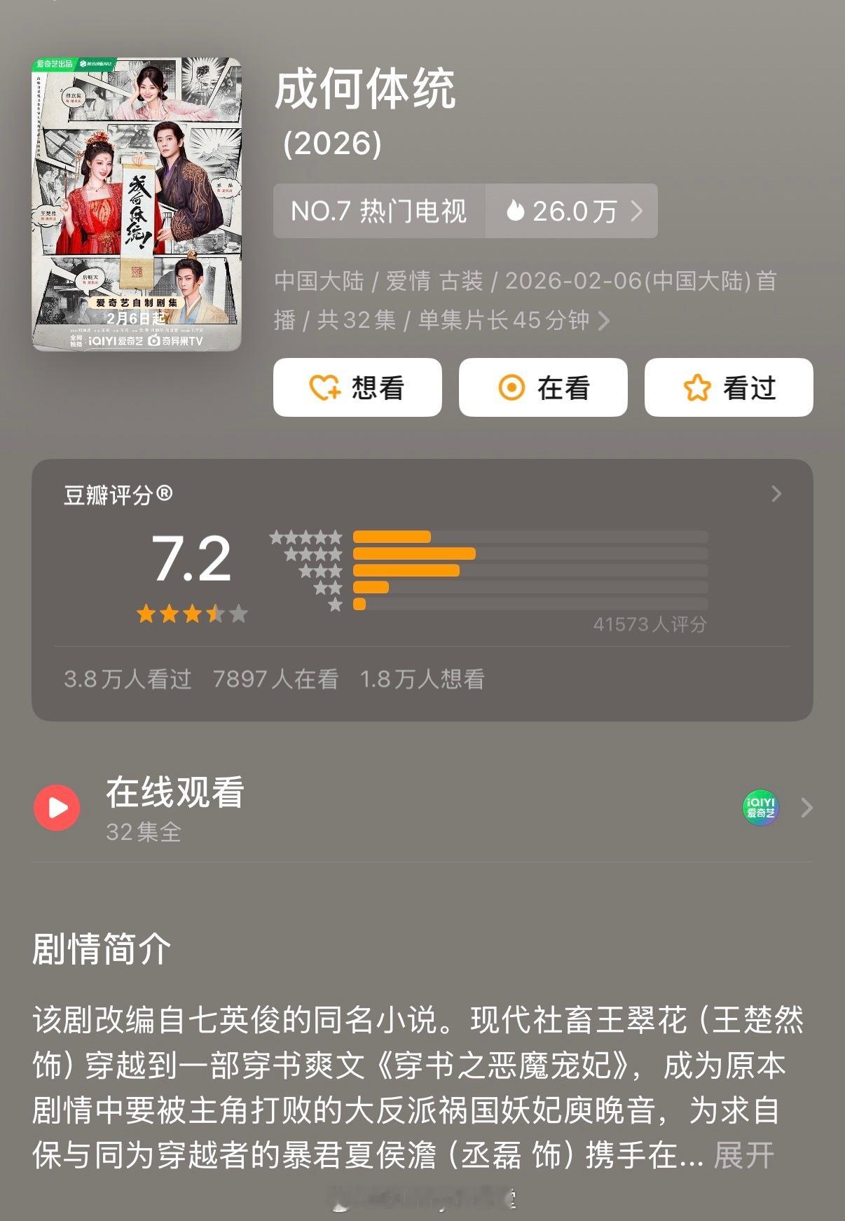 王楚然、丞磊《成何体统》豆瓣开分7.2，大部分人打了三星和四星，这分数合理吗？ 