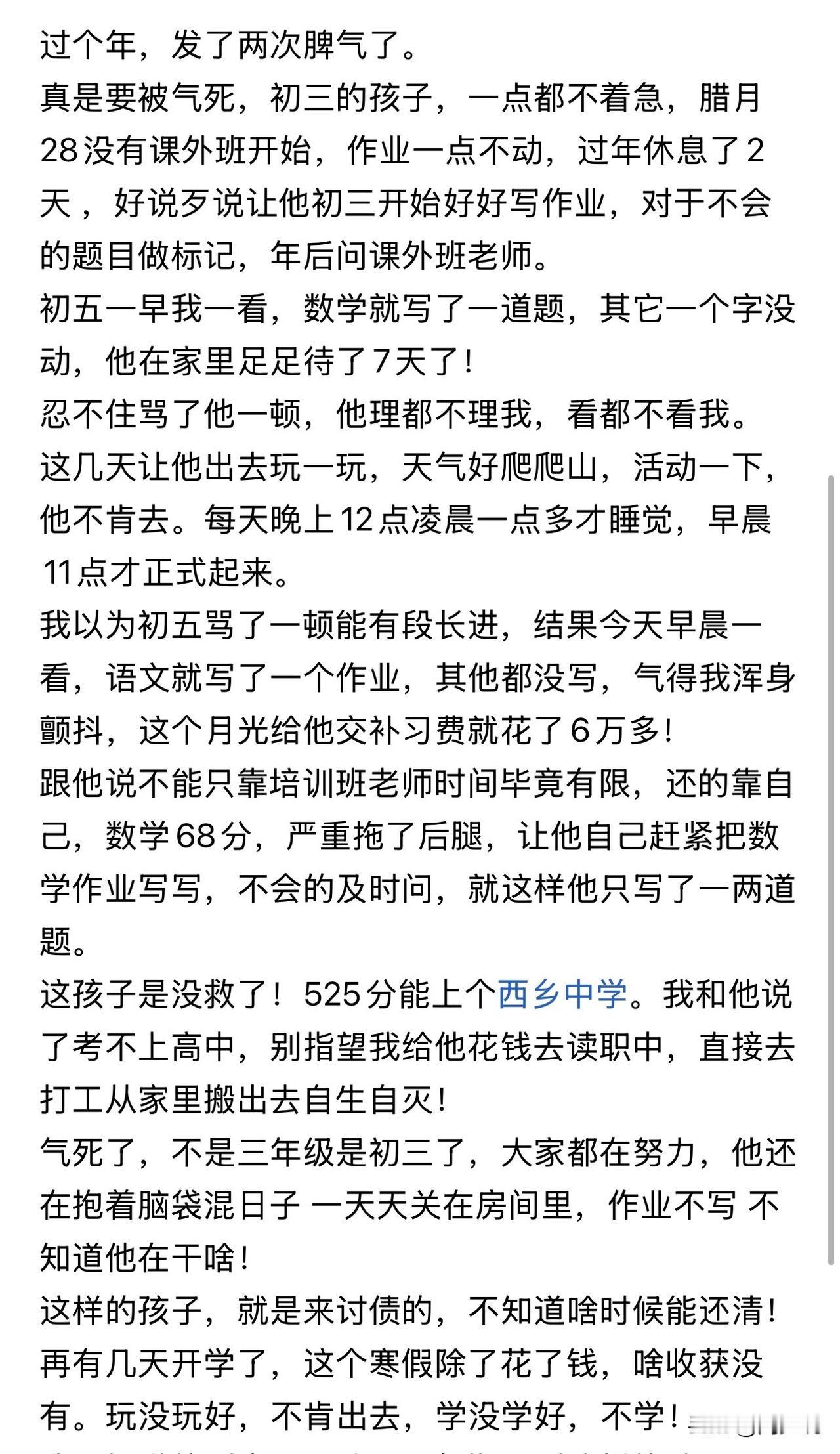 “气炸！”一位妈妈发文吐槽：从腊月二十八放假起，孩子就彻底放飞自我，作业一字不碰