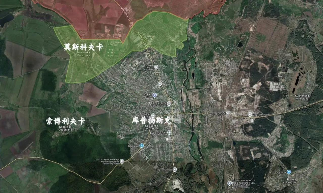 俄军攻入库皮扬斯克北郊的态势。对乌军来说，库皮扬斯克与红军城比较相似了，现在也面