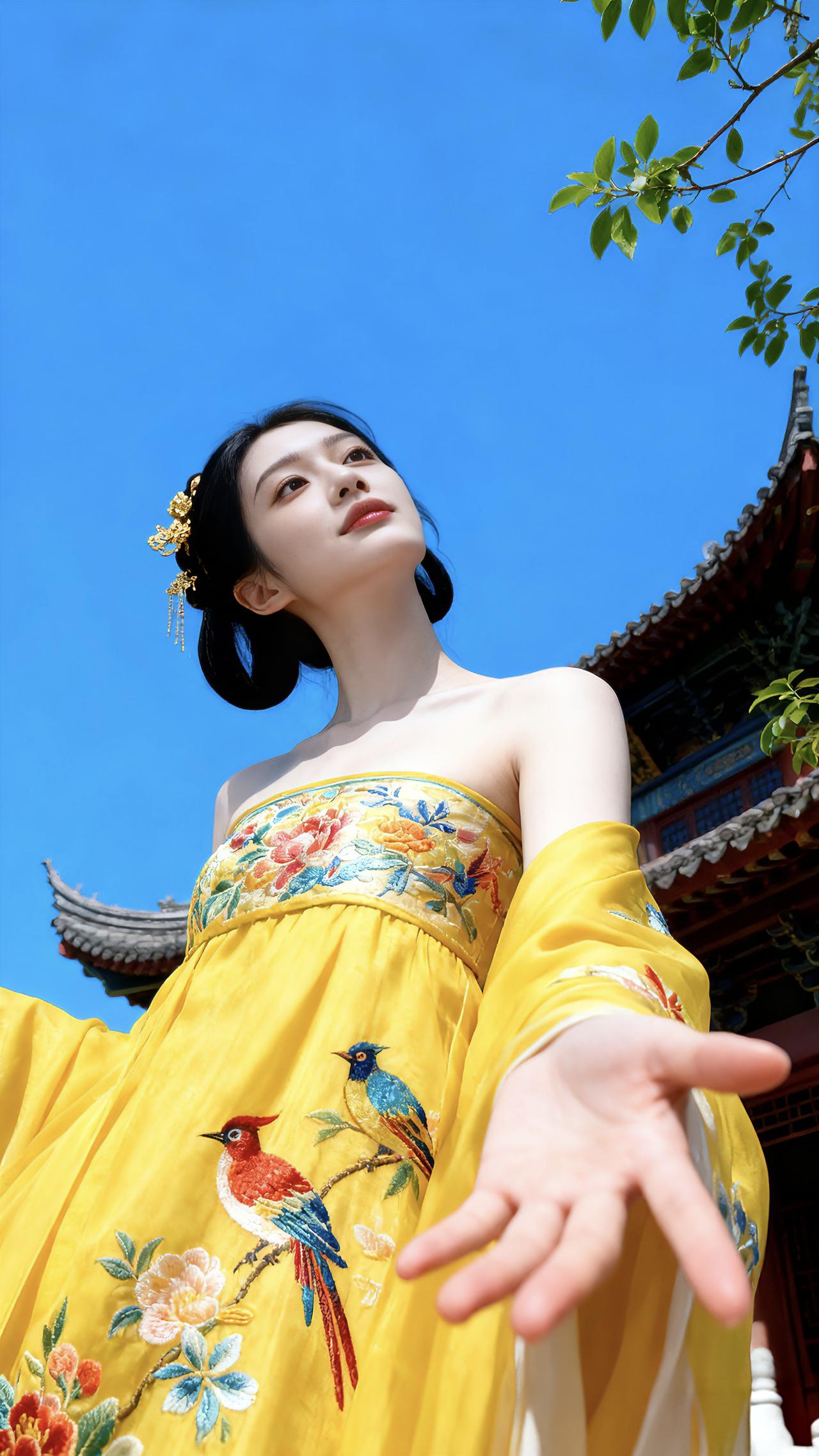 古风少女与传统建筑，黄裙飘逸，鸟儿相伴，宛如画中人。