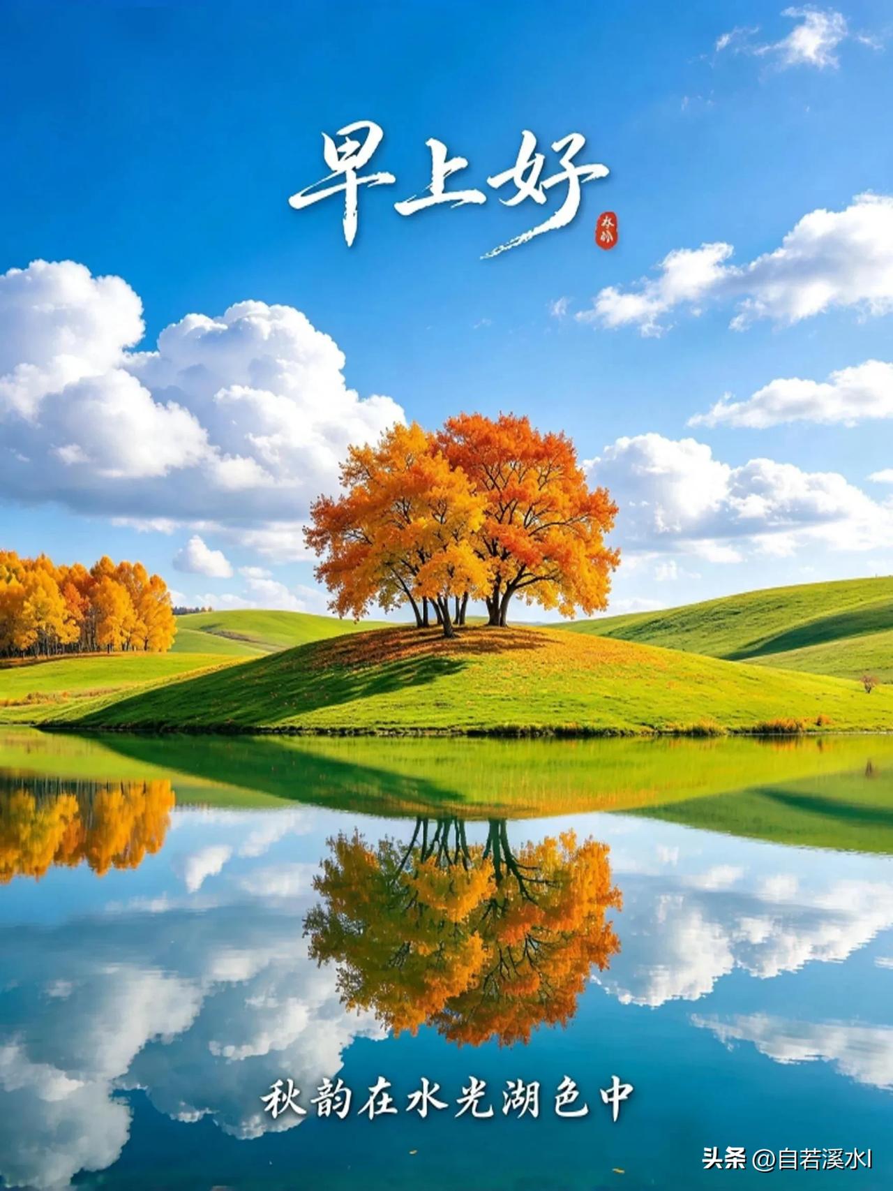 湖映金枝，云染秋光，愿心怀安然，秋日早安。
