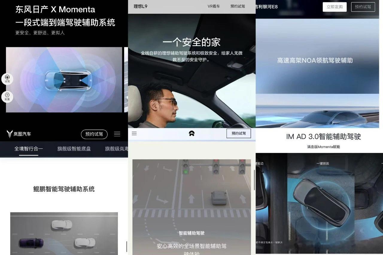 政策出台20天以后，我们点进了近20家品牌的官网，其中有以下品牌官网关于辅助驾驶