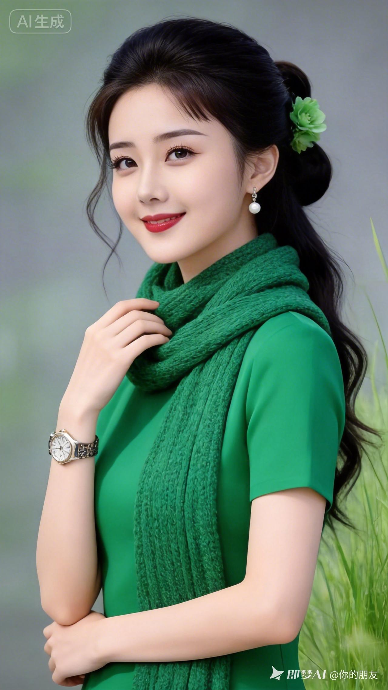 黑色长发盘起，碎发灵动随性。身着艳绿色简约上衣，搭同色系针织围巾，纹理清晰。腕戴