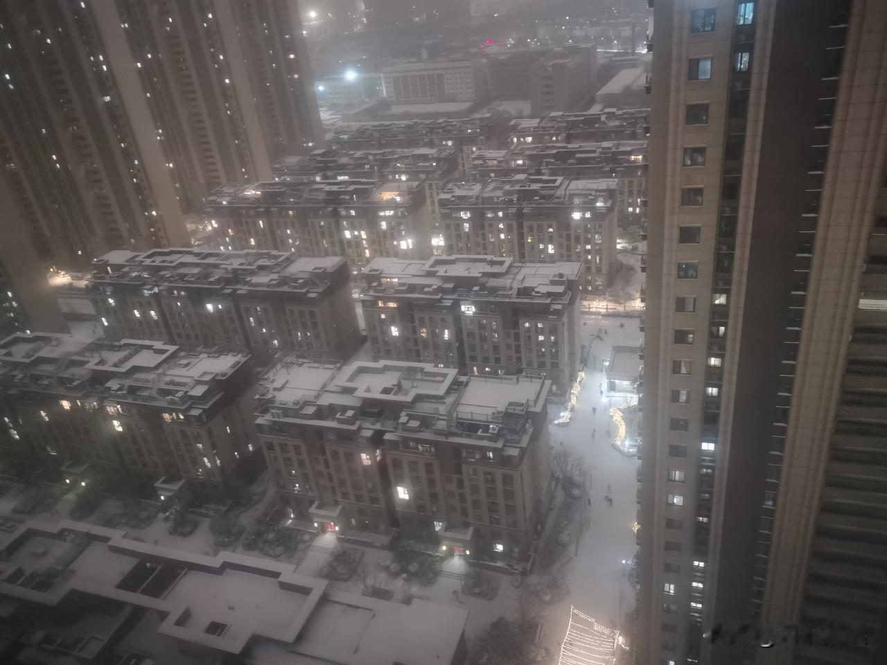 郑州的夜晚就像童年时农村的圆月夜——亮如白昼。虽然下点雪孩子们是开心了，但却苦了
