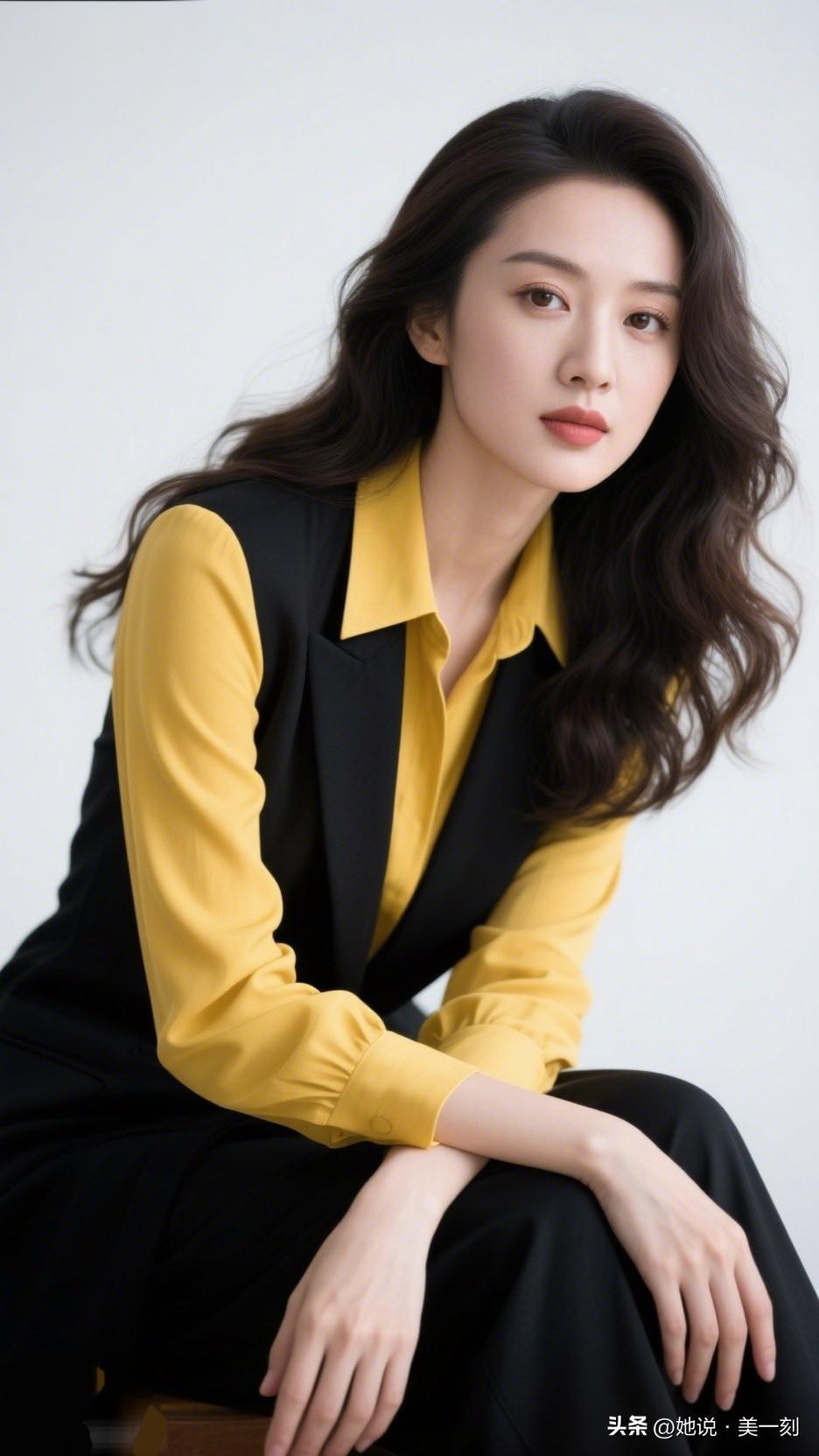 优雅黑黄撞色穿搭，简约而不失时尚感。如何拍出想表达知性而温柔的人像照