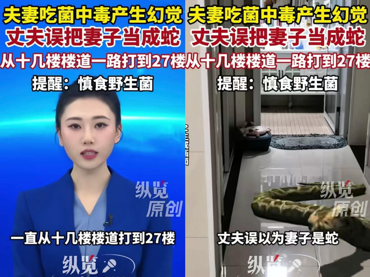 夫妻吃见手青中毒产生幻觉，丈夫把妻子当成蛇，从十几楼一路打到27楼，妻子身上全是