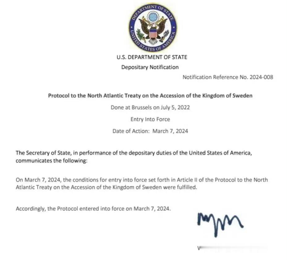 美国政府宣布，瑞典加入北约组织议定书正式生效。目前，北欧三国加入北约组织程序基本