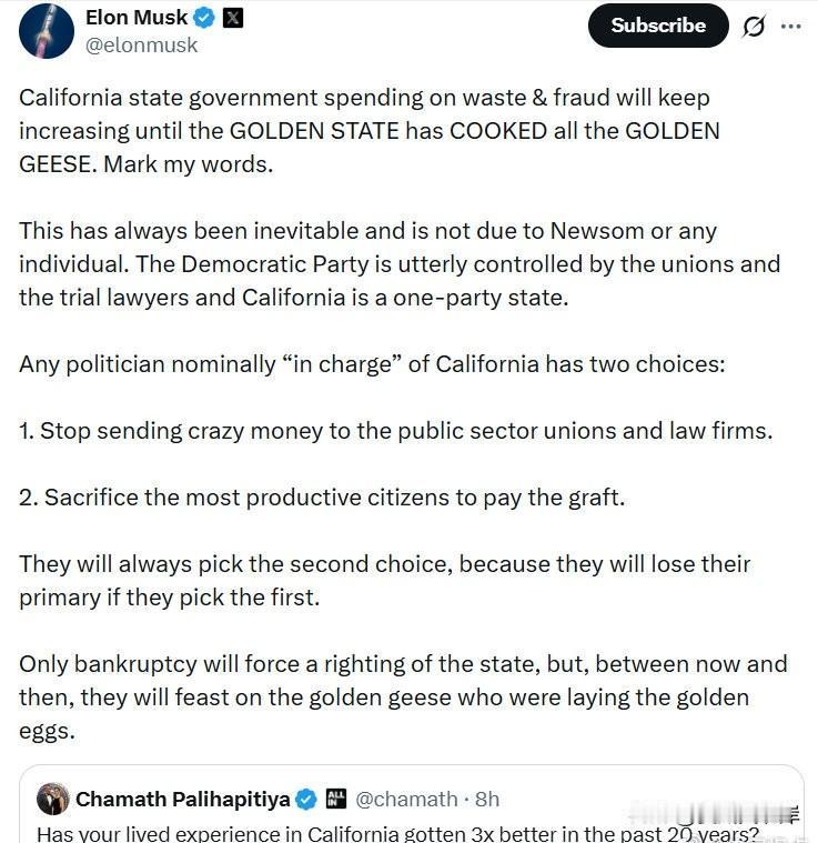 马斯克怒喷加州。
“加州政府在浪费与欺诈上的支出将持续膨胀，直到把“金州”里所有