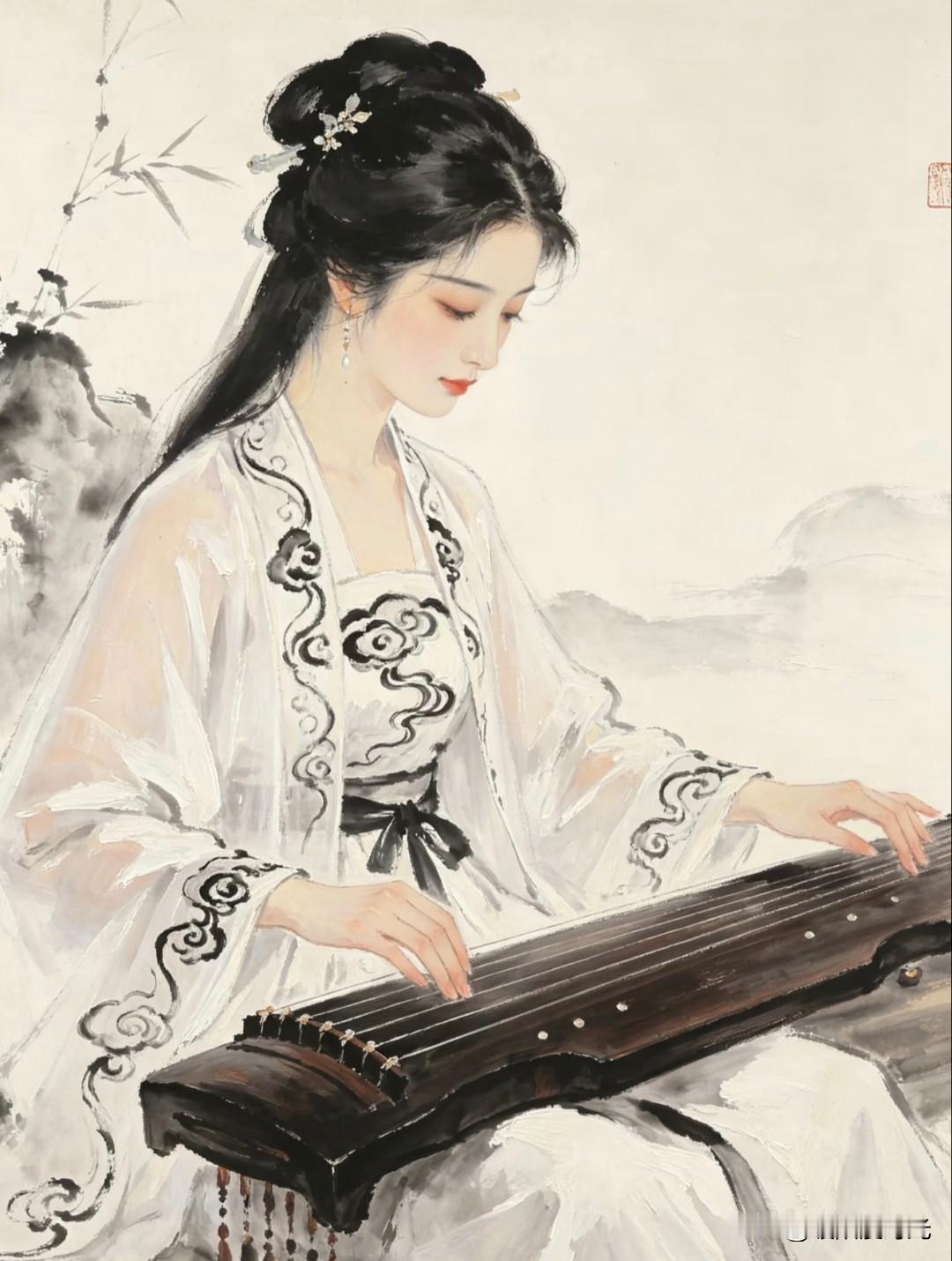 墨衣清颜藏风雅，抚琴品画，风月皆入
温柔眼底。丨予光书古风插画头像分享
水墨女生