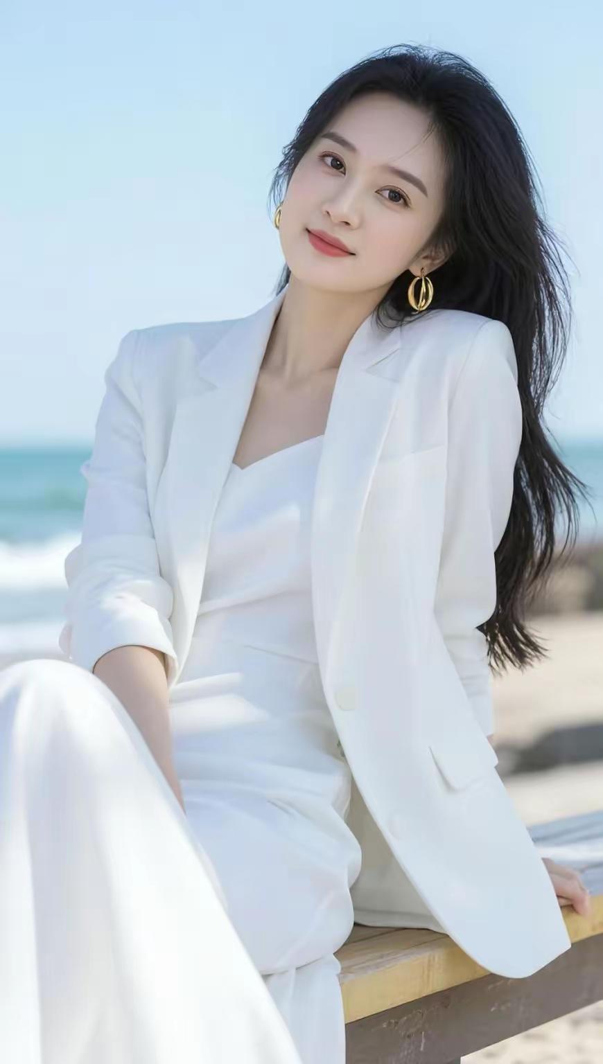海边度假风，白色西装穿搭，清新自然，优雅迷人。