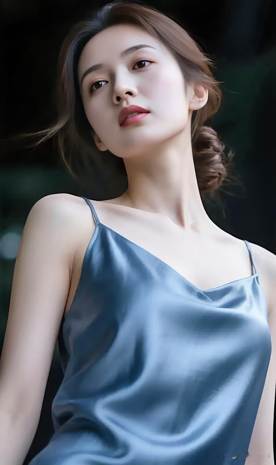 蓝缎垂肩颈，发辫挽清风。

眸光沉静处，气质自玲珑。

暗背景为纸，美在简中浓。
