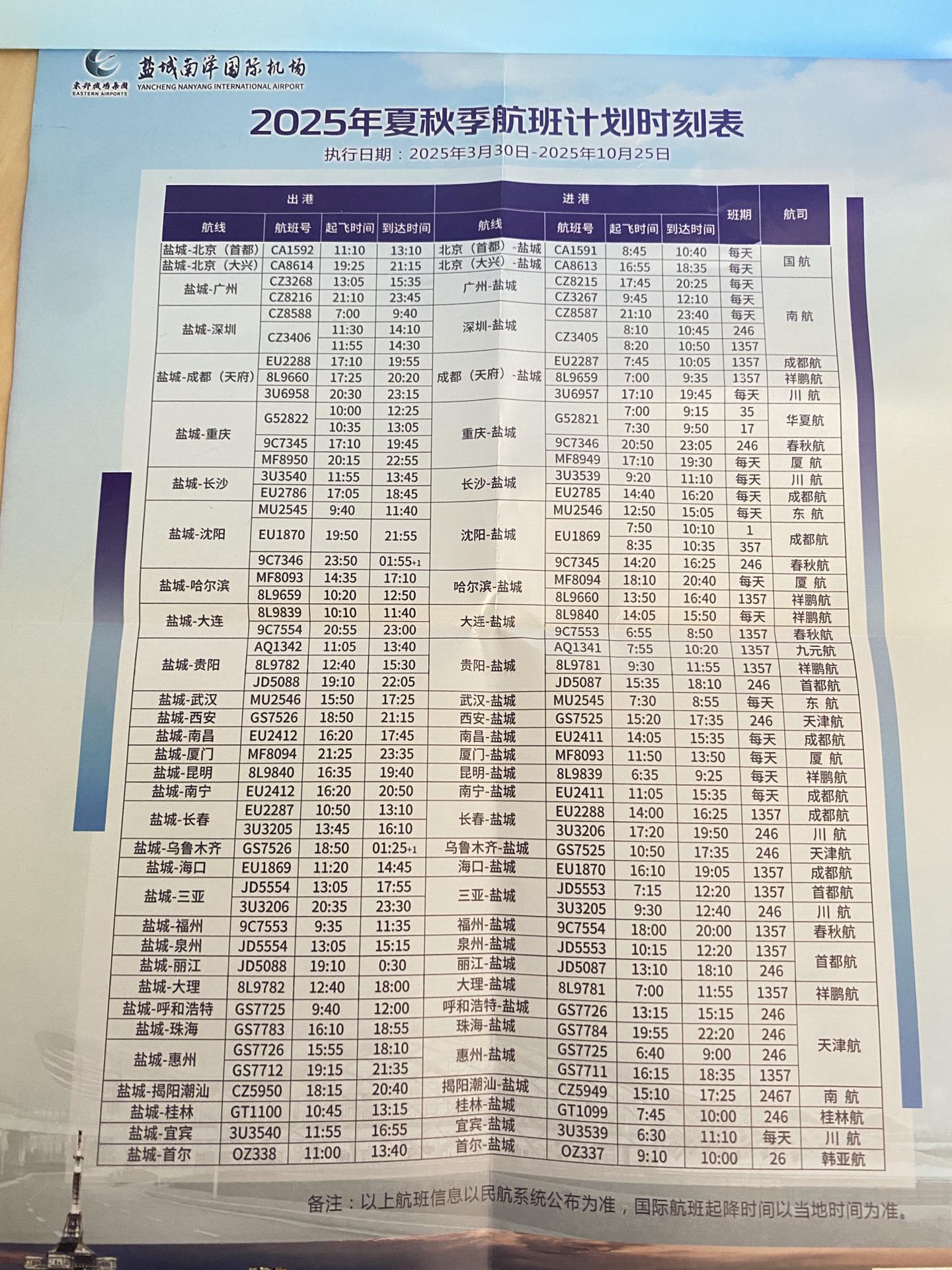 建议收藏！2025年夏秋季航班计划时刻表！
