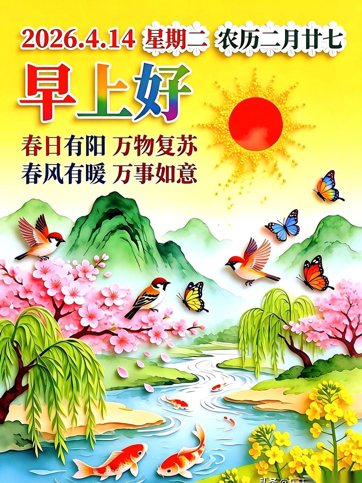 我妈一大早发来的早安图，日期是2026年4月14号。
就那个二月二十七，春风送暖