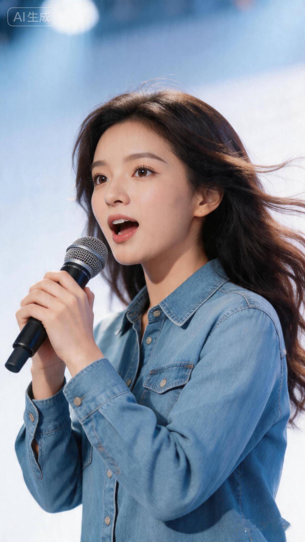 今天看了一场演出，一个女孩在台上唱歌。她穿着一条淡蓝色的连衣裙，长发随着歌声轻轻