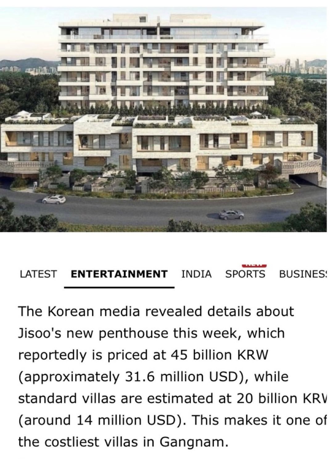 韩国媒体本周曝光了JISOO新公寓的相关细节据报道，JISOO购入的标准别墅的估