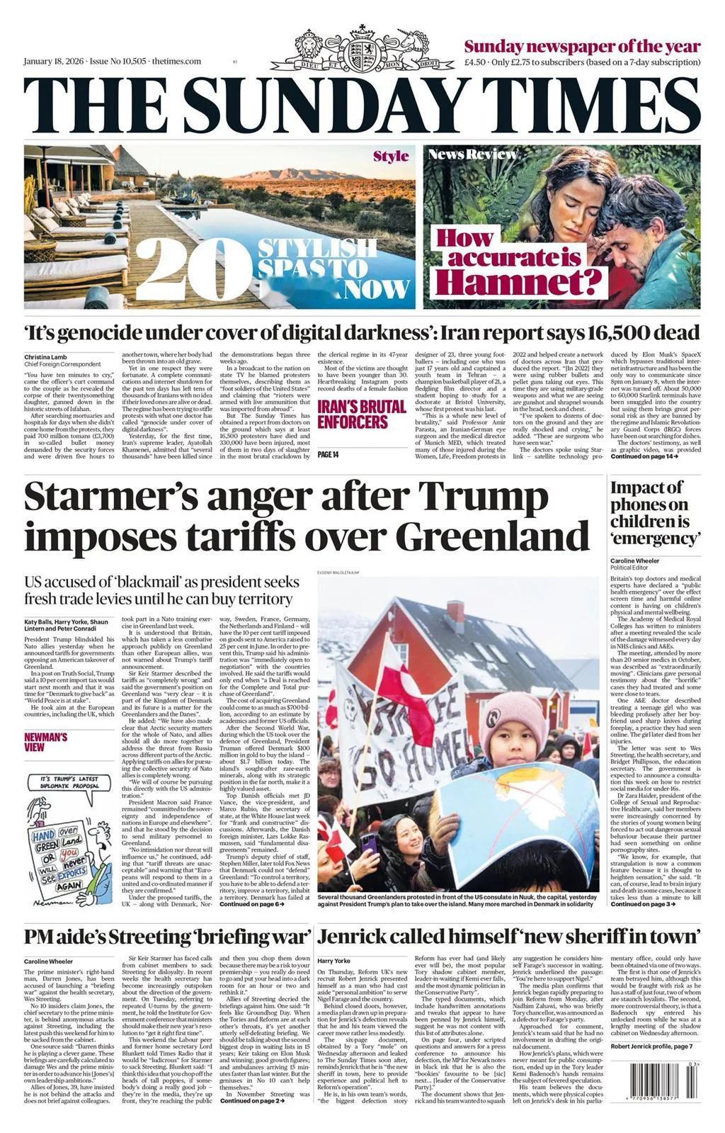 《星期日泰晤士报》头版对格陵兰和唐纳德·特朗普提议关税的争议报道更多。
‌特朗普