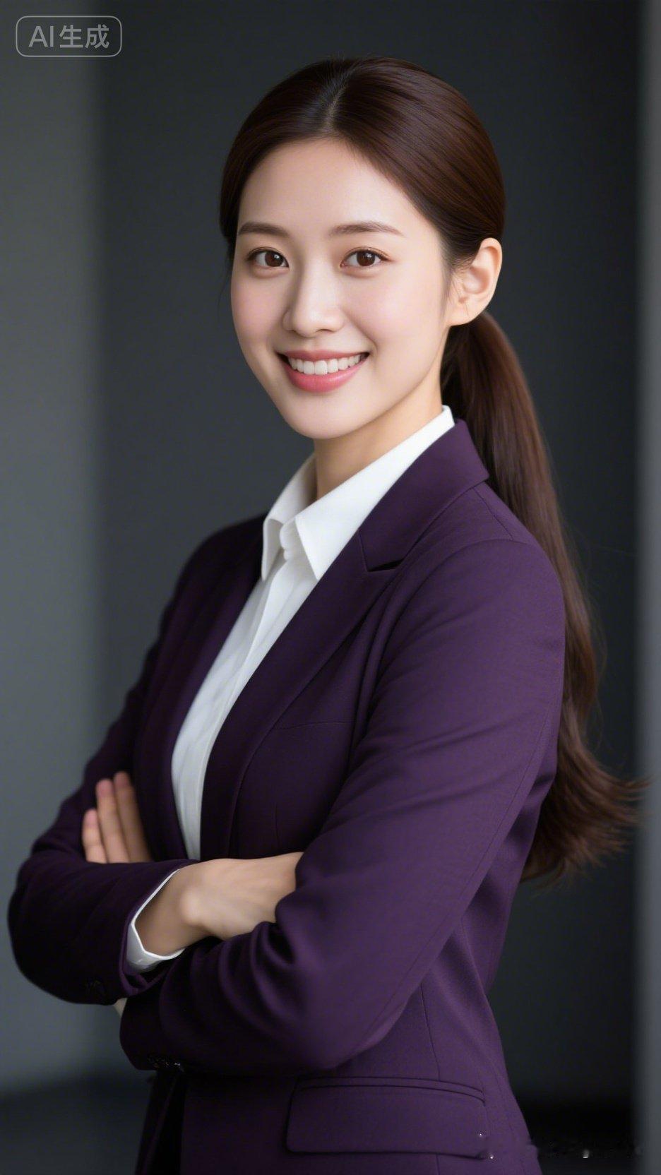 年轻东亚职业女性，深棕高马尾，大眼亲和微笑，身着深紫西装搭白衬衫，双臂交叉，深灰