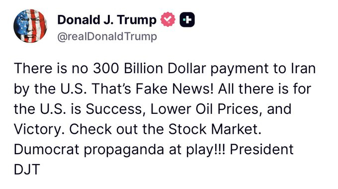 “美国没有向伊朗支付3000亿美元。那是假新闻！美国所拥有的只有成功、更低的油价