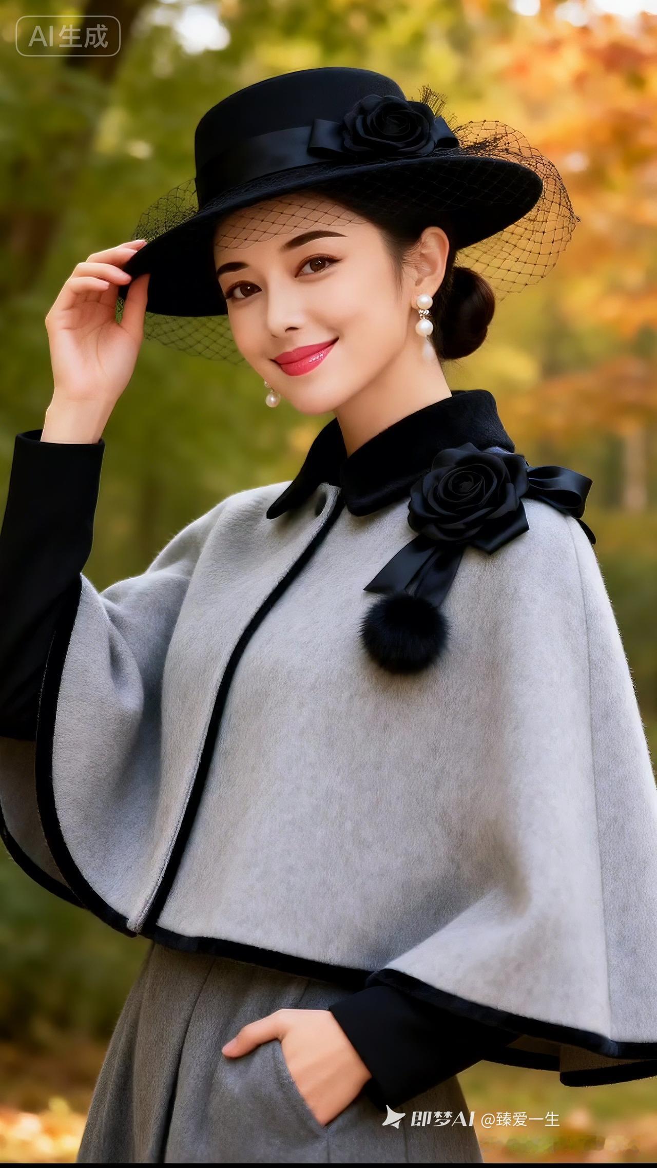 优雅复古风真的太绝了，黑色礼帽与灰色披肩一搭配，高贵气质直接拉满！
黑色贝雷帽就