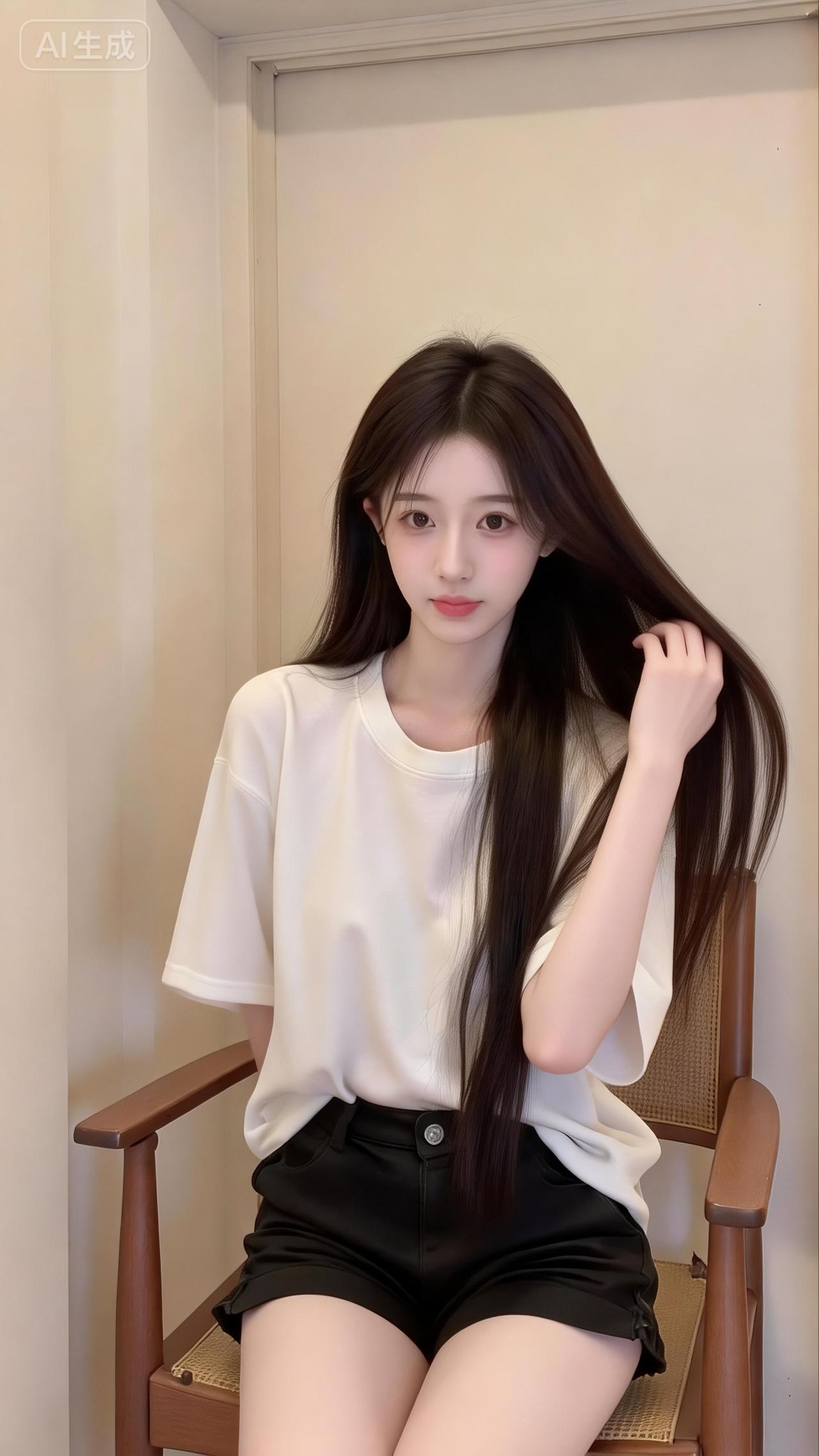 暖光灯裹着软室，白T搭黑短裤，长发垂落时，连屋里的静都浸了松弛的甜。
宅家舒适感