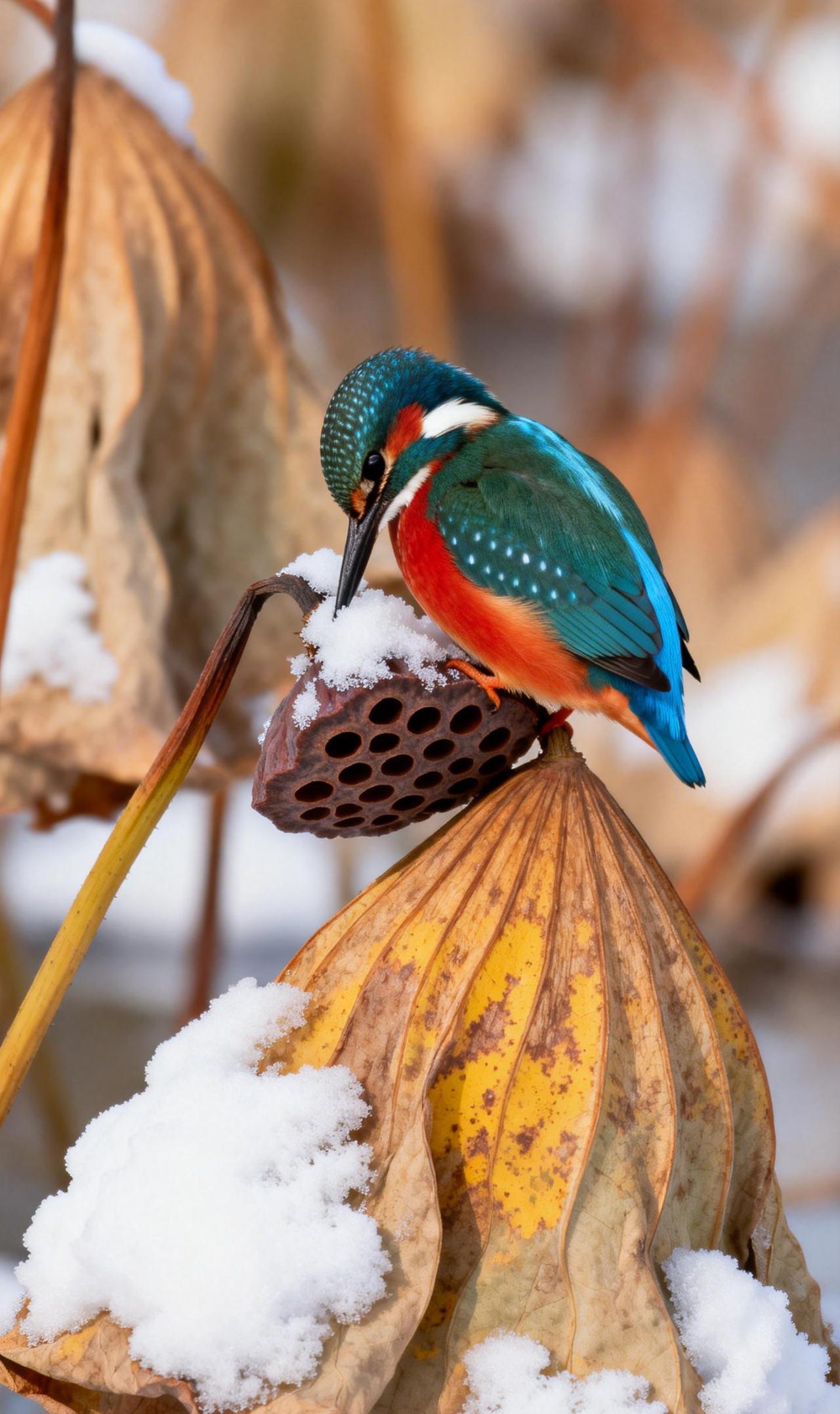 残塘惊玉屑，翠羽啄冬声
冬日的荷塘褪去喧嚣，残梗垂首，莲蓬低悬，一切覆于皑皑寂静