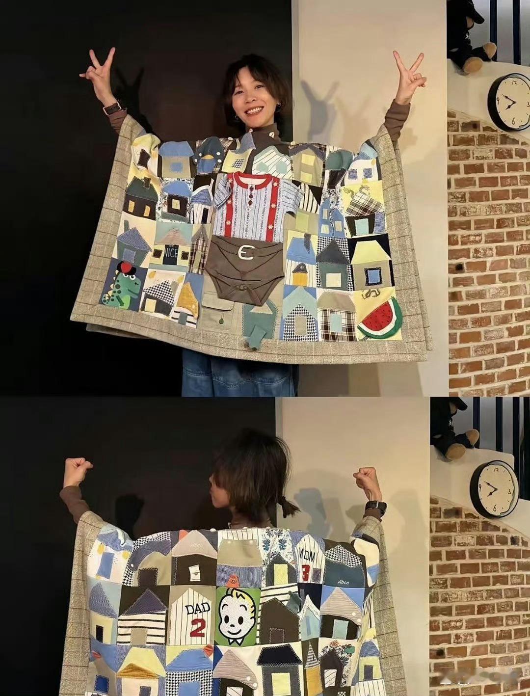 黄雅莉真的太厉害了。她把孩子‏的旧衣服改成了小﻿房子的形状，﻿‏缝在布上‏﻿做成