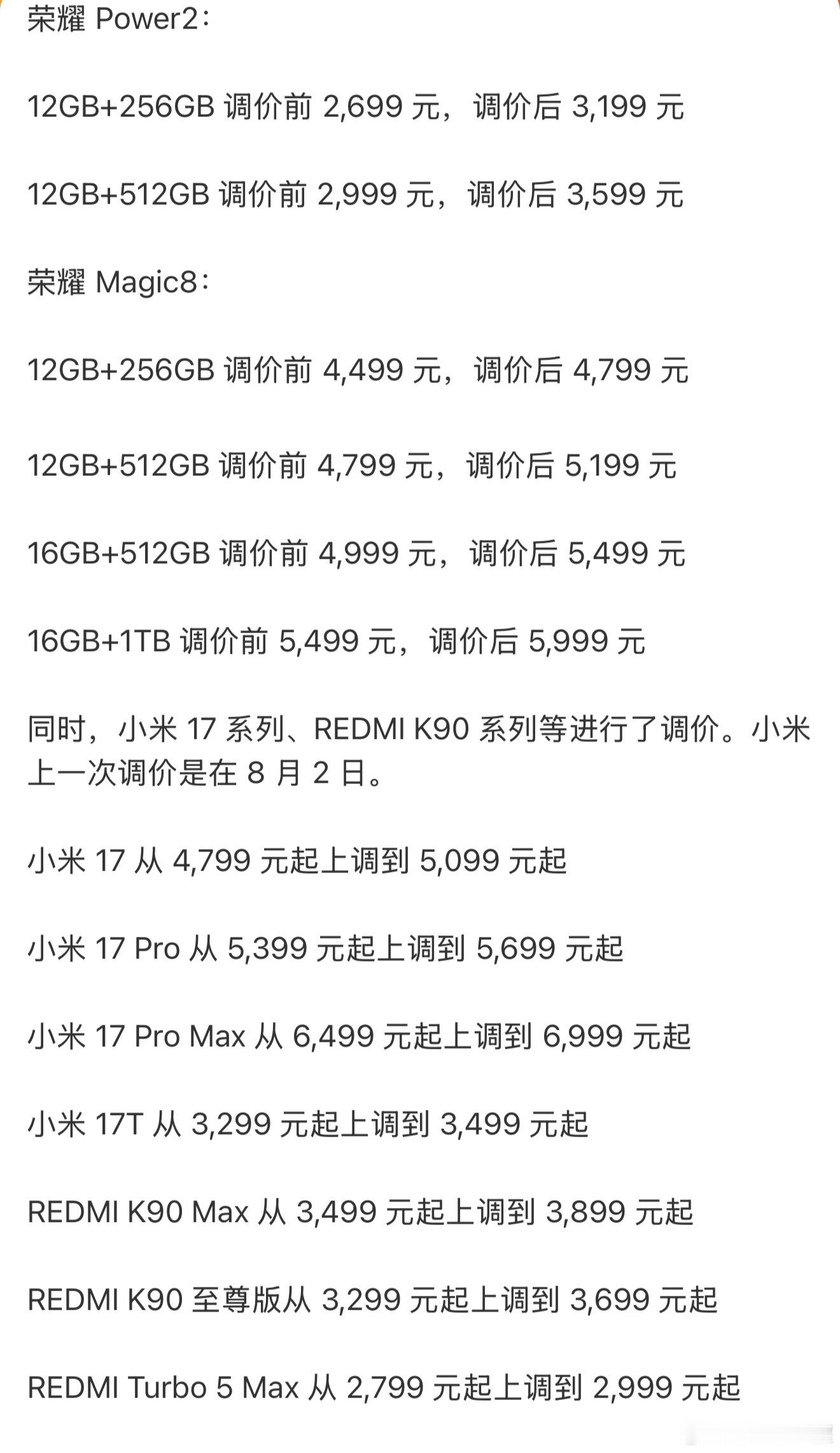 多款手机正式涨价受芯片、内存上游成本上涨影响，华为、荣耀、小米部分机型进行调价，