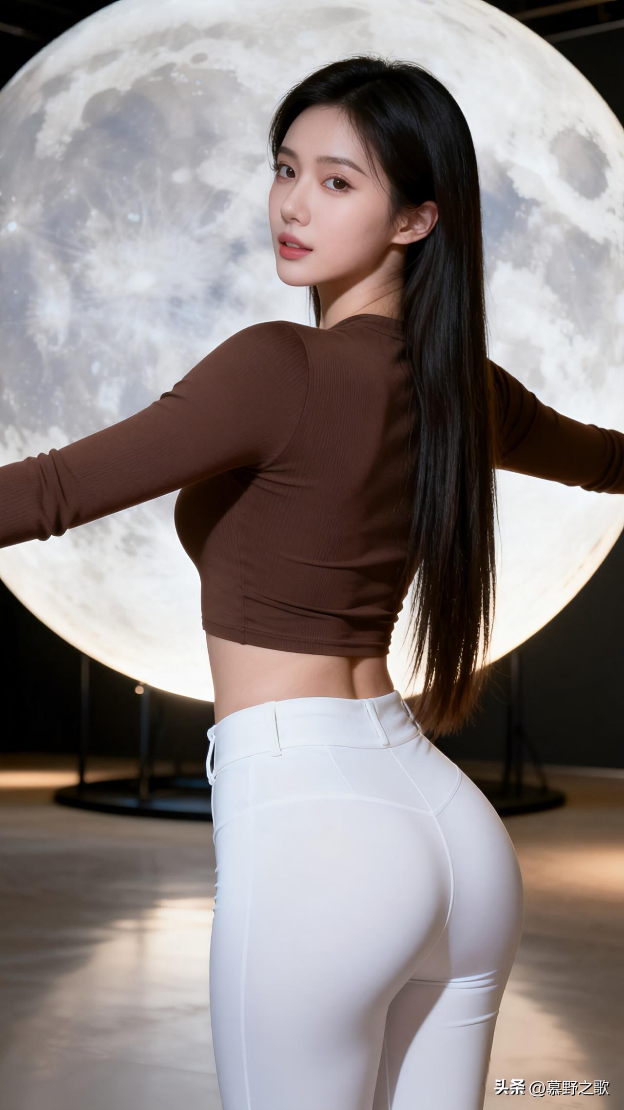 以月为幕，赴一场浪漫之约
巨型发光月球装置下，咖色短款高领上衣搭配白色高腰瑜伽裤