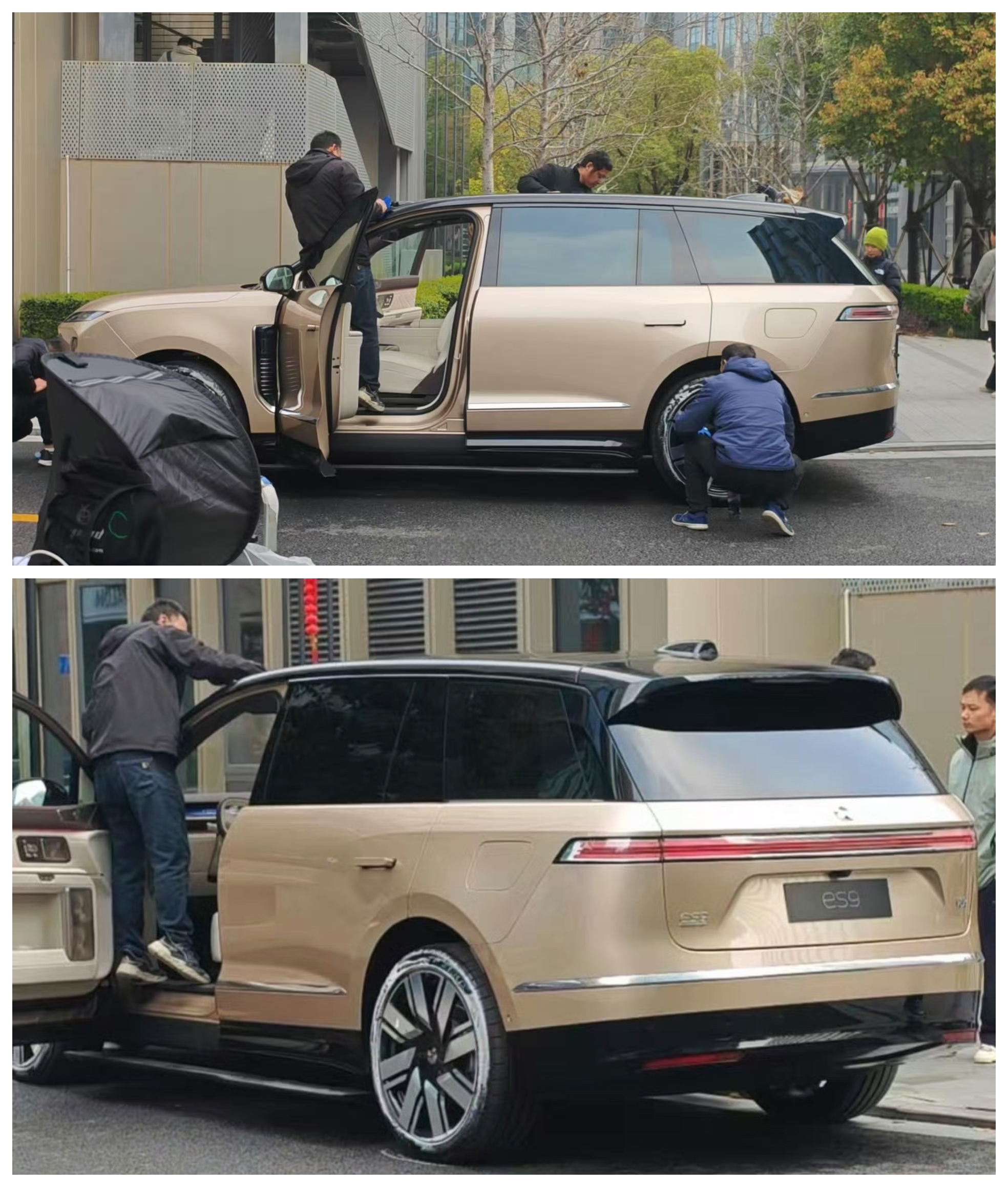 据说是蔚来 ES9，体量感十足～最近很多大车爱用这种淡金色，金价上涨，金色看着也