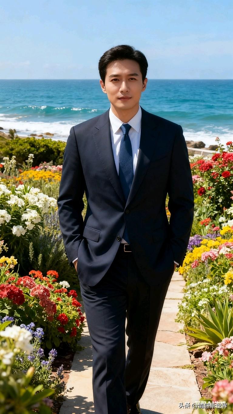 西装革履的帅哥在花海中漫步，背景是碧蓝的大海，完美结合！海边西装男 海边男士氛围