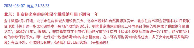北京楼市又放宽购房条件了，京籍家庭购房社保个税缴纳年限下调为一年！

您没看错，