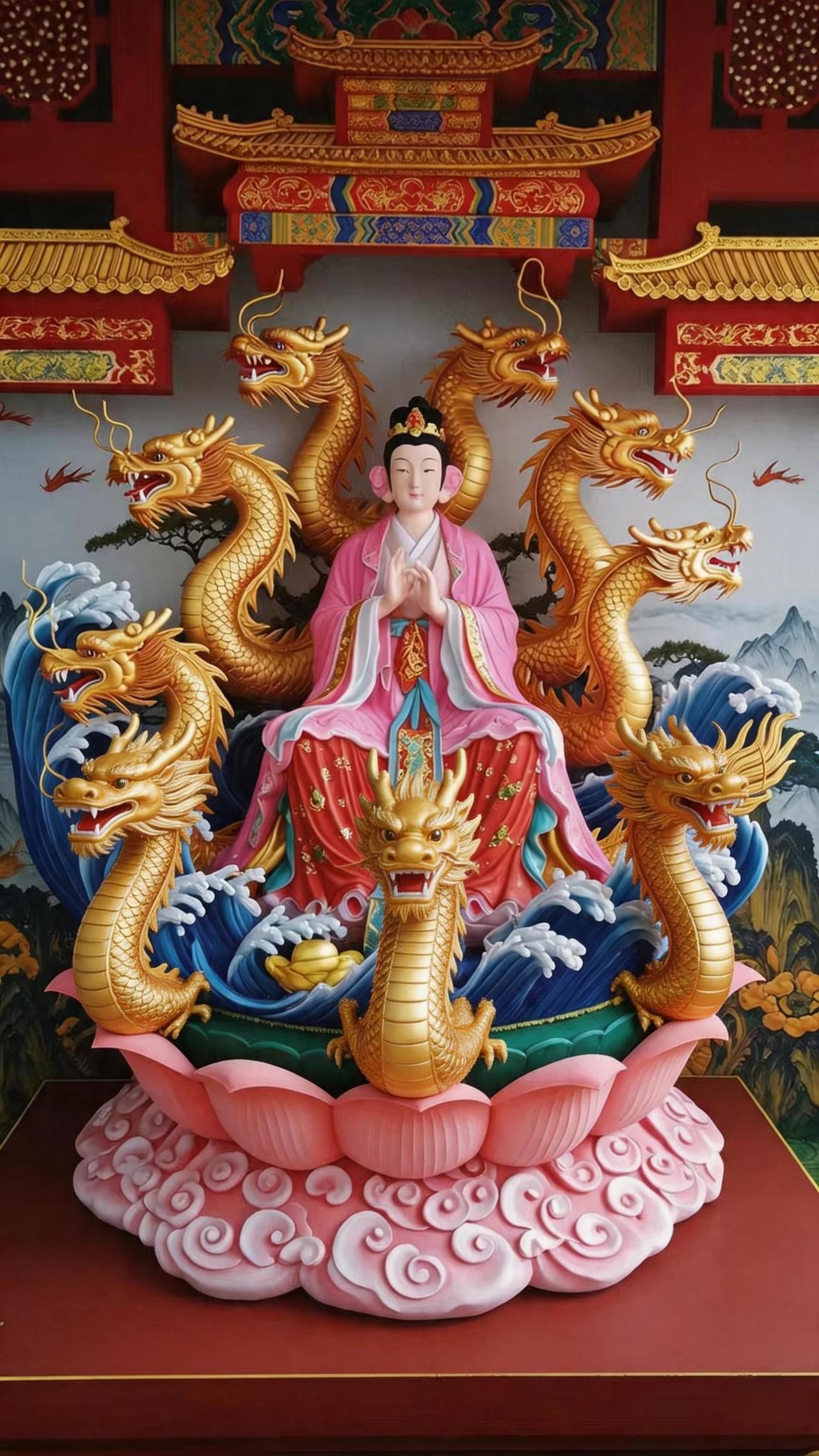 九龙圣母，印象中伴九条龙。那龙似携天地之威，盘绕身旁。其形象庄重肃穆，承载着古老
