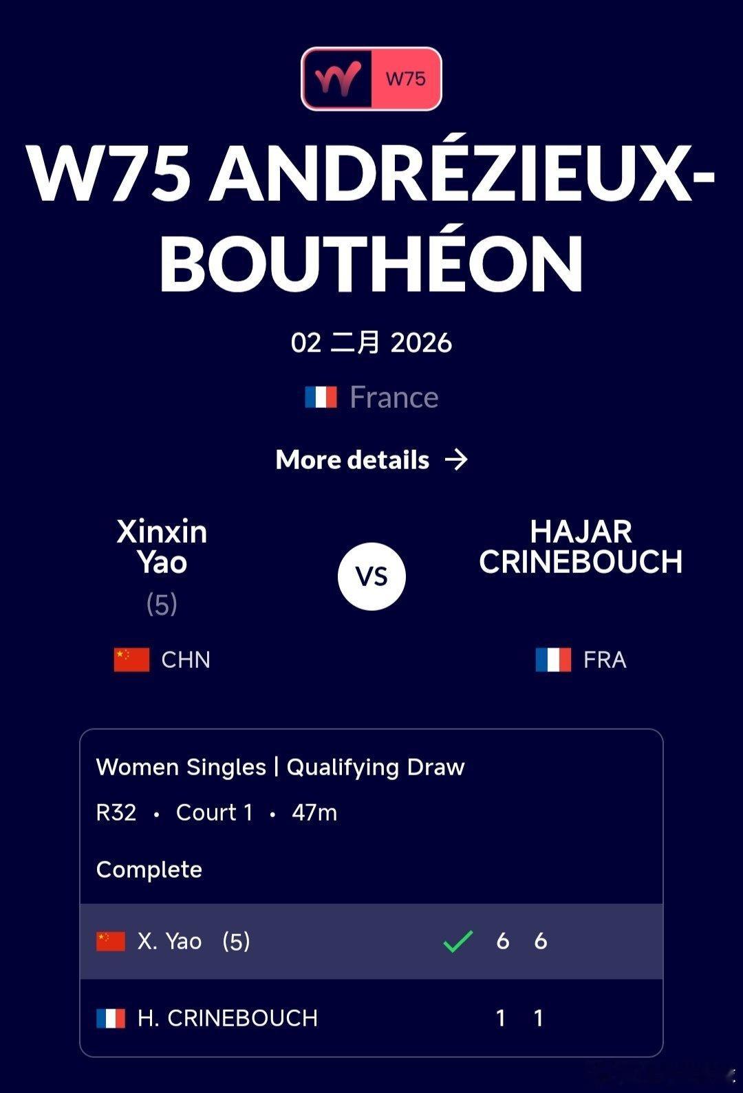 W75昂德雷济约-布泰翁站🇫🇷资格赛第一轮姚欣辛🇨🇳6-1/6-1战胜克