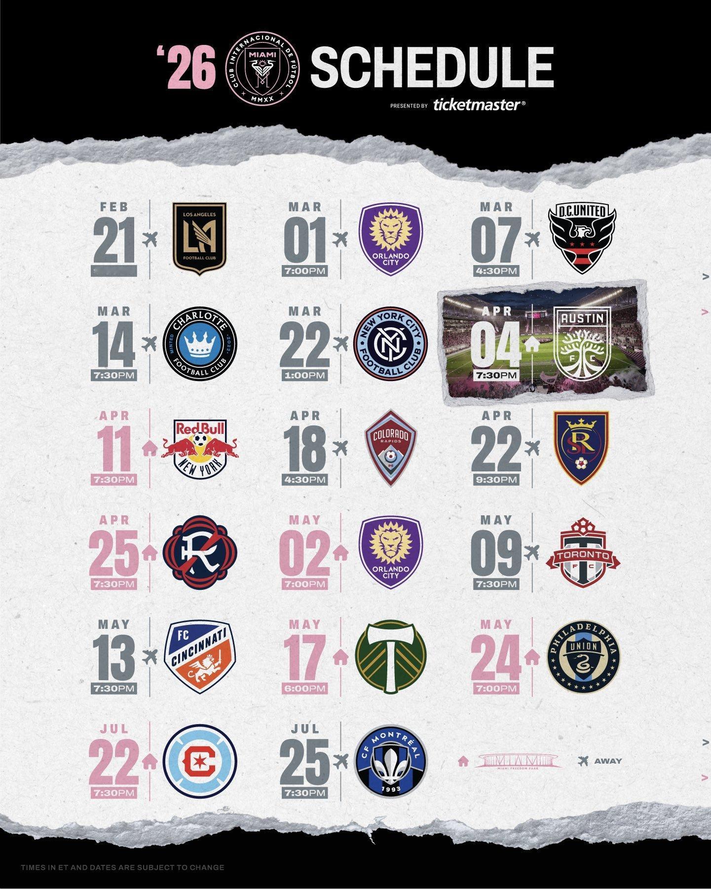 迈阿密国际发布2026赛季美职联的赛程表：迈阿密国际新赛季的首场比赛将在2月21